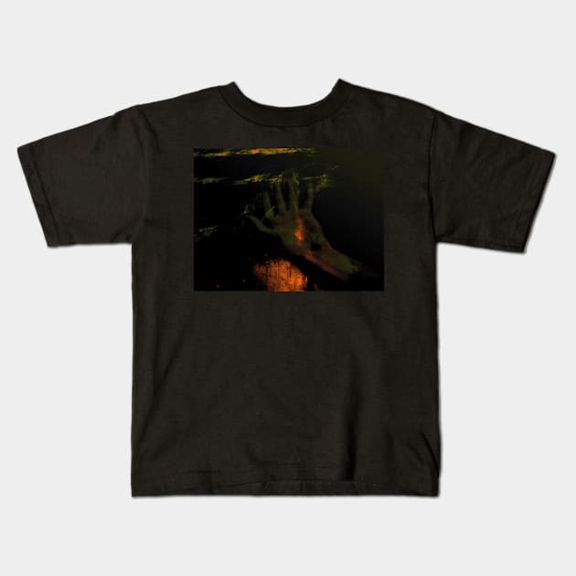 Digital collage, special processing. Hand laying on some wet surface. Psychedelic. Green and yellow. Light in center of palm. Kids T-Shirt by 234TeeUser234